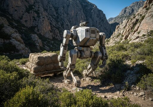 Military robot carrying heavy gear summer trekking in Yosemite National Park: on a rocky mountain landscape beneath a clear sky