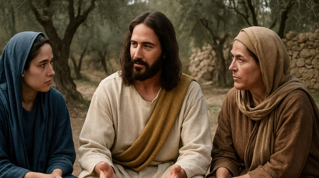 Jesus Christ in conversation with two women in a biblical setting. A realistic depiction of a gospel story with female disciples. Christian faith and teaching concept