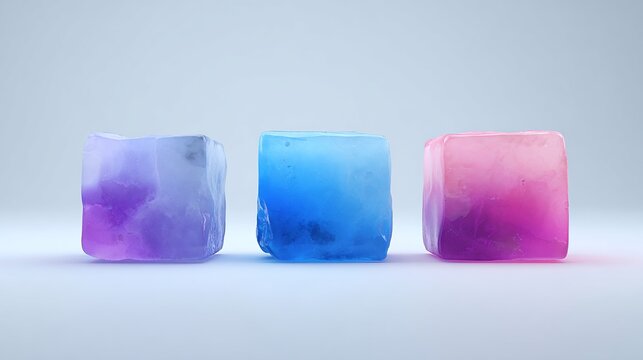 Three colorful ice cubes, illuminated and gradiented, arranged on a light background