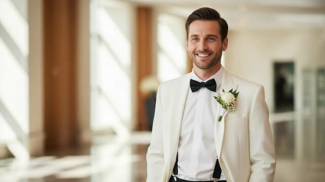 Handsome groom in a white tuxedo smiling at the camera. Portrait of a happy man on his wedding day. Formal event and marriage celebration concept