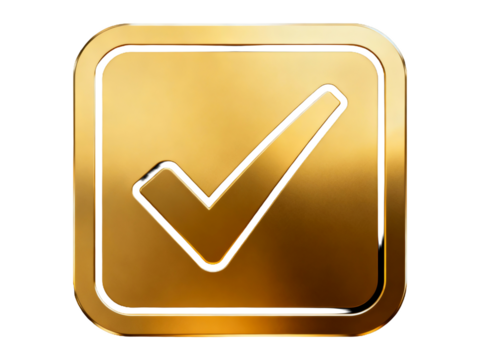 Golden checkmark icon on a square background with reflective surface
