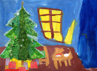 Christmas and New Year's gifts under the Christmas tree in the wooden house. Hand drawn Watercolor and Gouache painting