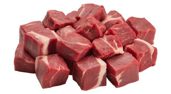 Pile of raw beef cubes with white fat marbling on black background isolated on a transparent background