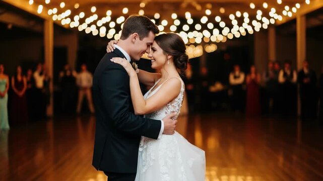 Happy bride and groom having their first dance at a wedding reception. Romantic couple embracing under glowing lights in a ballroom. Love and marriage celebration