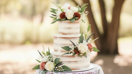 A three-tiered naked wedding cake with fresh floral decorations. Rustic outdoor wedding reception. Vertical video with copy space for text