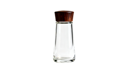 Clear glass spice shaker with wooden lid on white background
