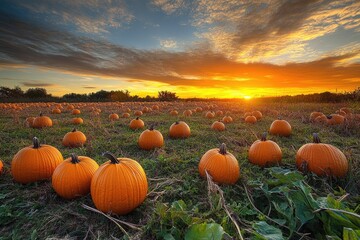 A vibrant field of orange pumpkins dotting the landscape under a breathtaking sunset, with the warm hues of the sky painting a picture of a perfect autumn day.
