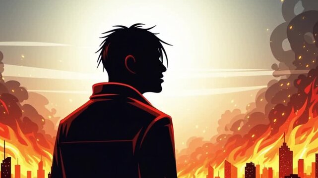 A solitary figure stands before a city in flames, a powerful depiction of urban destruction and apocalyptic scenery