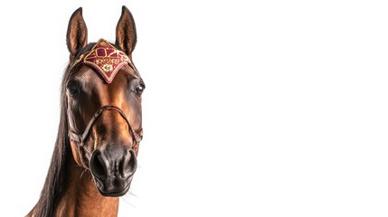 A close-up portrait of a brown horse wearing an ornate, decorative halter. Arabian show horse isolated on a white background with copy space