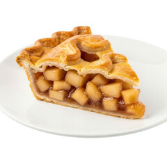 Classic homemade apple pie slice on a white plate, showcasing golden baked crust, sweet apple chunks, and rich caramel sauce, perfect dessert.