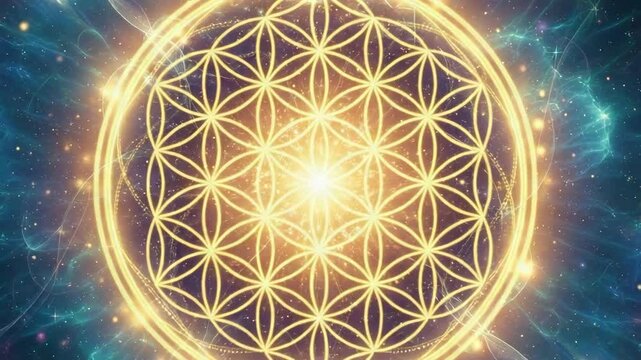Glowing Flower of Life symbol in a cosmic nebula. Sacred geometry animation with pulsating light. Spiritual and esoteric concept for meditation