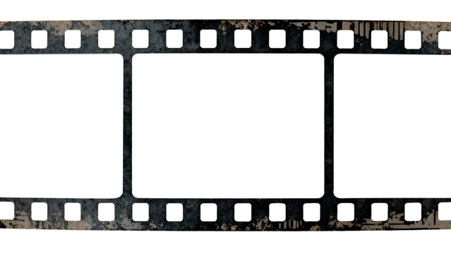 Close-up of a vintage film strip with three blank frames and perforated edges