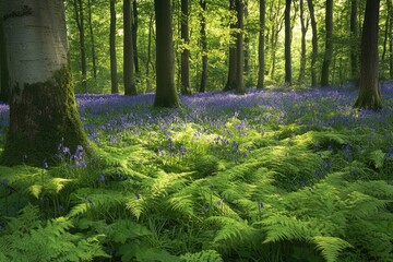 A lush forest with vibrant blue flowers and towering trees, creating a serene and tranquil atmosphere.