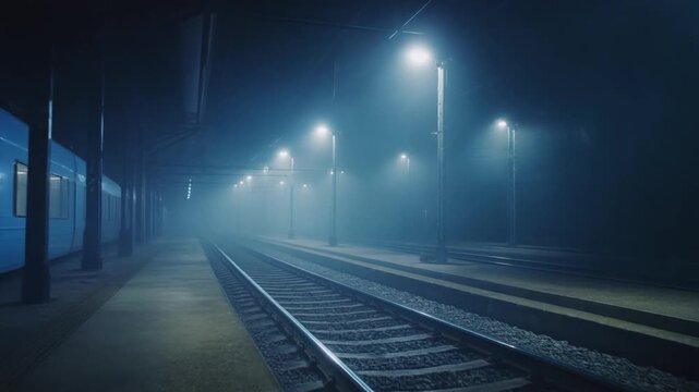 Cinematic Blue Night Train Platform &ndash; Ambient Fog Scene