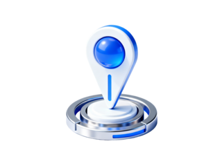 A stylized digital location pin with a blue spherical top and metallic base, set against a white background.