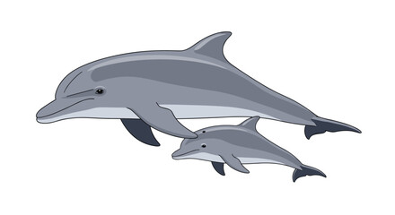 Fototapeta premium Loving mother dolphin and her small calf swimming side-by-side, depicted in a gentle and realistic cartoon vector illustration.