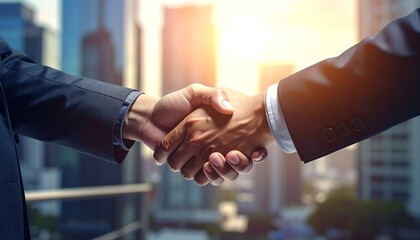 Close-up of two people in business suits shaking hands against a blurred cityscape, lit by a soft sunset