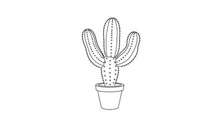 Fototapeta premium Simple black outline of a classic saguaro-style cactus with three arms, potted in a small container for coloring or minimalist decor designs.
