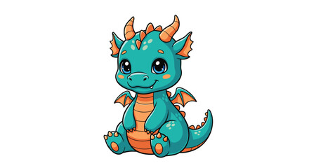 Obraz premium Adorable baby dragon with big eyes and small wings, sitting happily in a cute and colorful cartoon vector illustration.