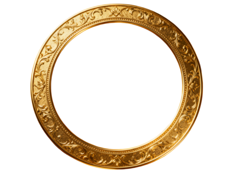 Ornate golden circular frame with intricate floral patterns on a white background