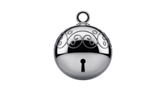 Polished silver spherical ornament with ornate scrollwork and keyhole cutout isolated on a transparent background - Powered by Adobe
