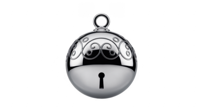 Polished silver spherical ornament with ornate scrollwork and keyhole cutout isolated on a transparent background