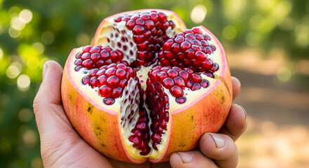 Close up of a hand holding a fresh ripe pomegranate split open to reveal red seeds in a garden