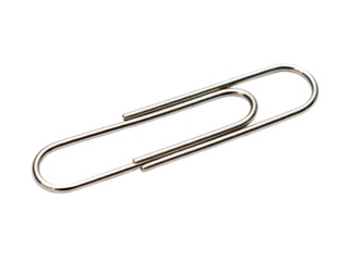 A metallic paperclip on a white background