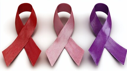 Three colorful awareness ribbons, red, pink, and purple, arranged on a white background