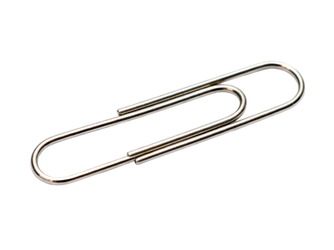 A metallic paperclip on a white background