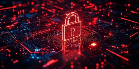 Computer CPU abstract with lock in a motherboard for database encryption and firewall protection. Technology and server systems with neon icons for cybersecurity data protection, Generative AI