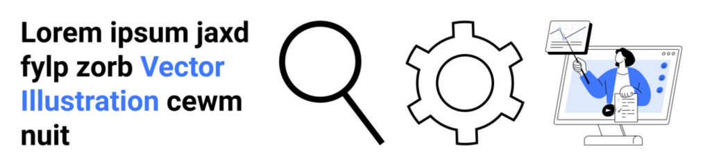 Magnifying glass, gear icon, and person analyzing charts on a monitor. Ideal for data analysis, business solutions, research, development, optimization, presentations simple landing page