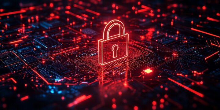 Computer CPU abstract with lock in a motherboard for database encryption and firewall protection. Technology and server systems with neon icons for cybersecurity data protection, Generative AI