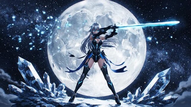 Anime warrior woman posing with a sword in front of a giant moon dynamic action pose illustration
