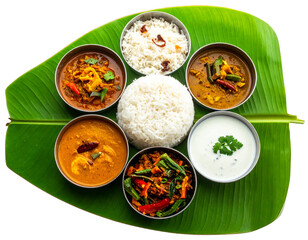 Top View of Traditional South Indian Vegetarian Thali, Banana Leaf Presentation, Isolated on Transparent