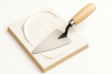 Close up construction trowel on square plaster sample board with fresh white coating and smooth curved texture pattern
