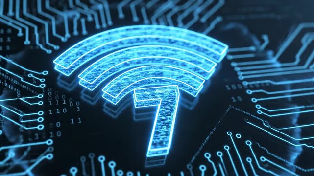 Glowing blue Wi-Fi 7 symbol on digital circuit board background. Futuristic wireless internet connection concept with binary code. 3D animation of next generation network icon - Powered by Adobe