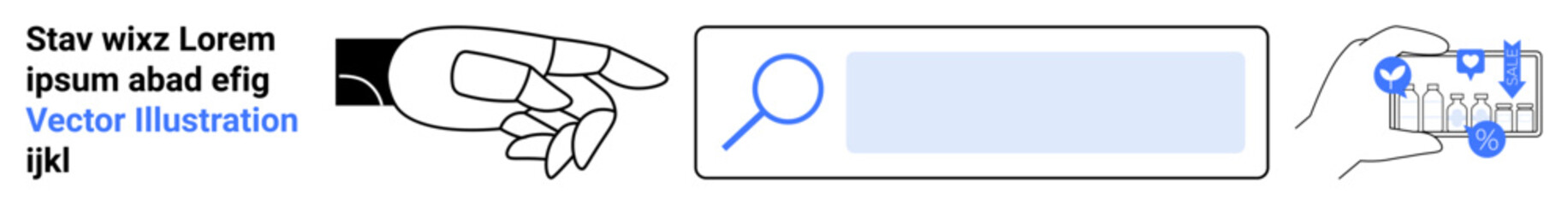 Obraz premium Search engines, data protection, digital search, online security, navigation, user interface. Hand pointing to a search bar and another hand holding a security shield. Search engines and data