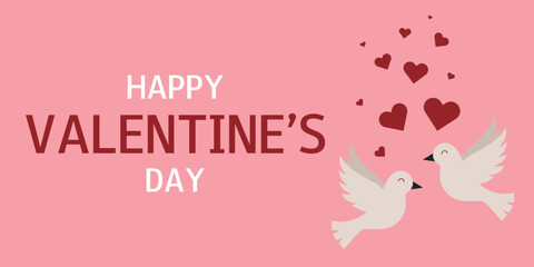 Happy Valentines Day greeting card. Pink background with doves and hearts.