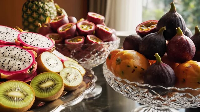 Variety of Tropical Fruits Displayed in Glass Bowls Still Life
