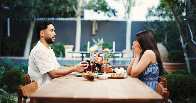 Shock, couple and proposal for marriage with ring, engagement and romantic gesture. People, surprise and marry me for relationship commitment, emotional reaction and unexpected moment in home outdoor