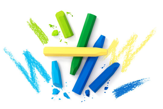 Colorful chalks with scribbling isolated on white background, Crayon ,Top view