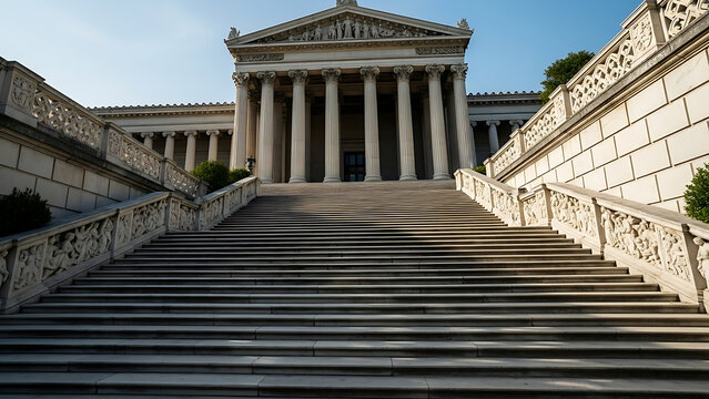 Grand neoclassical building with imposing columns and wide stone staircase leading to its ornate entrance, bathed in natural daylight.