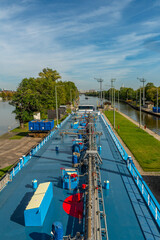 A cargo ship in the lock chamber, Frankfurt-Griesheim, Hesse, Germany