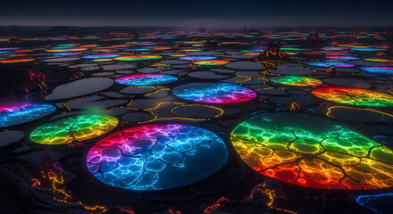 Surreal landscape with glowing rainbow circles on dark cracked earth under a twilight sky.