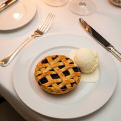 Berry pie with golden lattice crust, served warm with a scoop of vanilla ice cream on a clean white plate, elegant dessert.