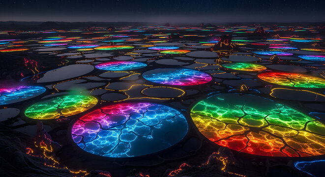 Surreal landscape with glowing rainbow circles on dark cracked earth under a twilight sky. - Powered by Adobe
