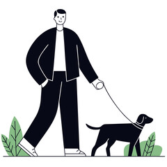 Man walking a dog with a relaxed and cheerful demeanor