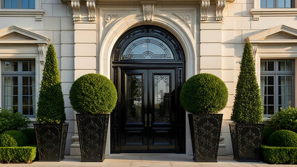 Grand entrance of luxurious residence with elegant black double doors, classical architecture, and manicured topiary plants