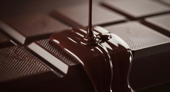 Melted chocolate being poured over a dark chocolate bar, creating a rich and decadent sweet treat